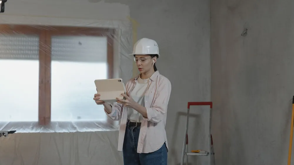 Artisane consultant une tablette sur un chantier en rénovation