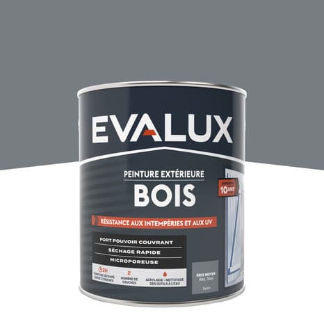 Peinture extérieur bois 2,5 L gris moyen satin - Evalux