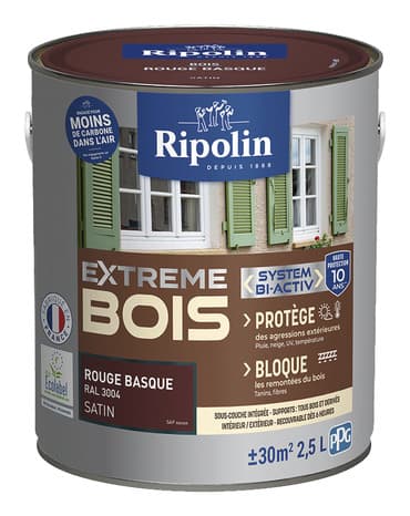 Peinture bois intérieur et extérieur satin 2,5 L rouge basque - Ripolin