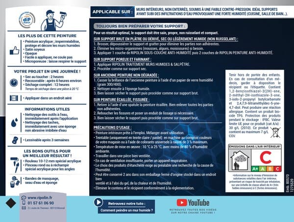 Miniature 2 de Peinture anti-humidité intérieur satin blanc 0,75 L - Ripolin