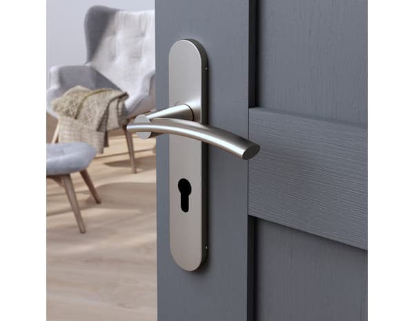 Poignée de porte "Lyderic" avec trou pour cylindre - Effet nickel - Entraxe 195 mm - Cooke and Lewis