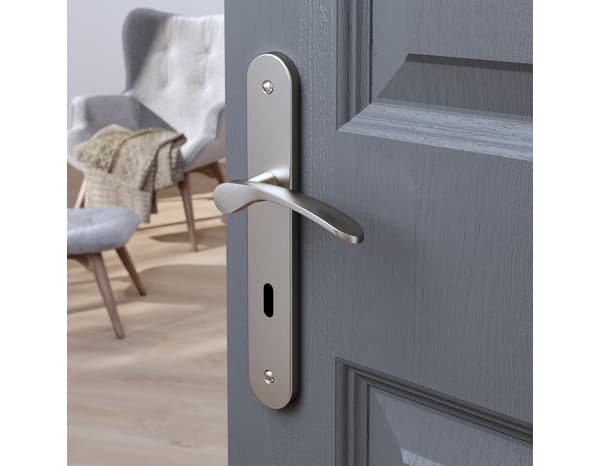 Poignée de porte "Loric" avec trou pour clé - Effet nickel - Entraxe 195 mm - Cooke and Lewis