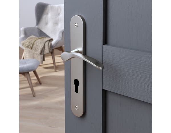 Poignée de porte "Loric" avec trou pour cylindre - Effet nickel - Entraxe 195 mm - Cooke and Lewis