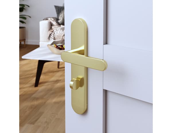 Poignée de porte "Marick" avec serrure à condamnation - Effet laiton - Entraxe adaptable 165-195 mm - Cooke and Lewis