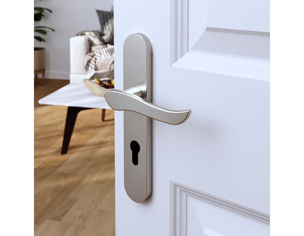 Poignée de porte "Arcles" avec trou pour cylindre - Effet nickel - Entraxe adaptable 165-195 mm - Cooke and Lewis