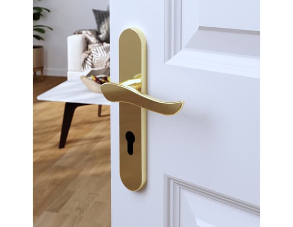 Poignée de porte "Arcles" avec trou pour cylindre - Effet laiton - Entraxe adaptable 165-195 mm - Cooke and Lewis