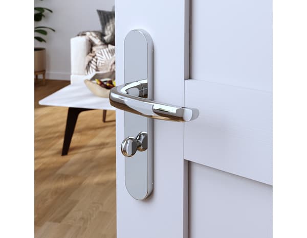 Poignée de porte "Goderic" avec serrure à condamnation - Effet chromé - Entraxe adaptable 165-195 mm - Cooke and Lewis