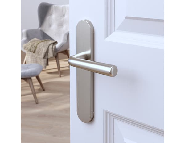 Poignée de porte "Derenic" sans trou - Effet nickel - Entraxe adaptable 165-195 mm - Cooke and Lewis