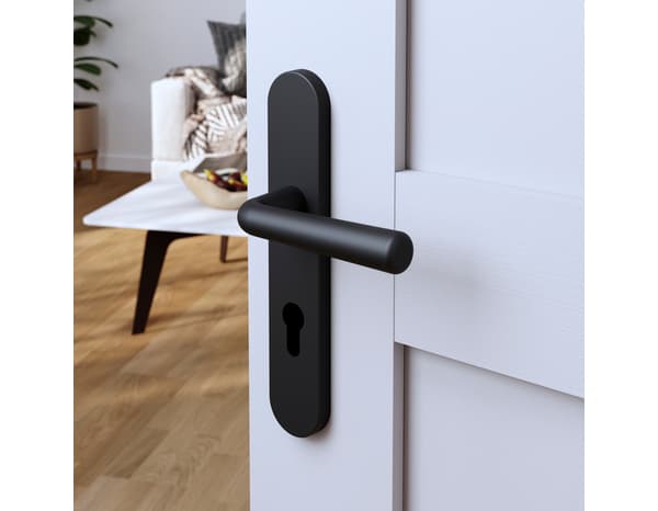 Poignée de porte "Derenic" avec trou pour cylindre - Noir - Entraxe adaptable 165-195 mm - Cooke and Lewis