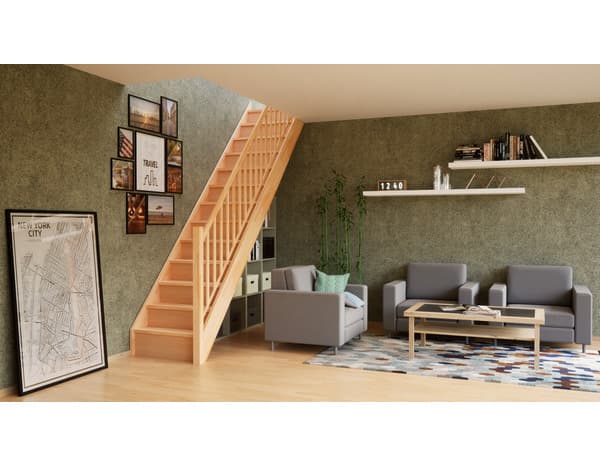Escalier droit prémonté en hêtre couleur bois brut FINEAS