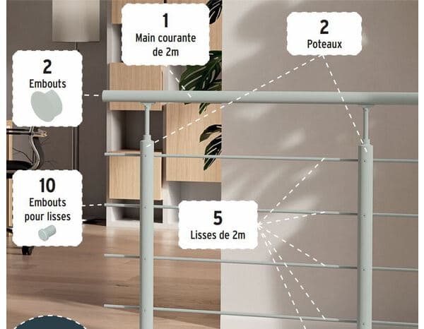Miniature 4 de Kit garde-corps 2 mètres aluminium gris clair finition mat
