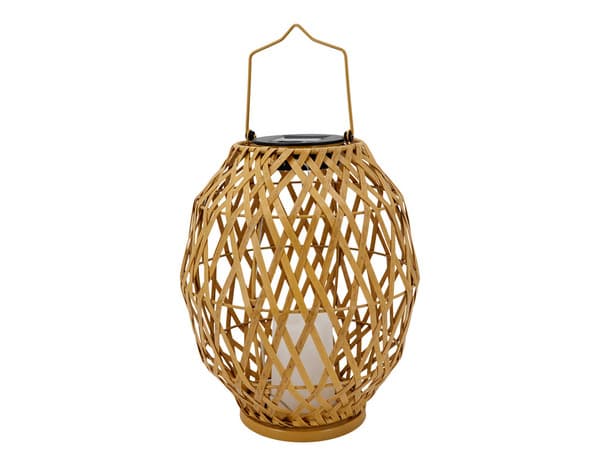 Lanterne solaire LED bambou effet rotin 3000 K IP44 hauteur 35 cm diamètre 22 cm