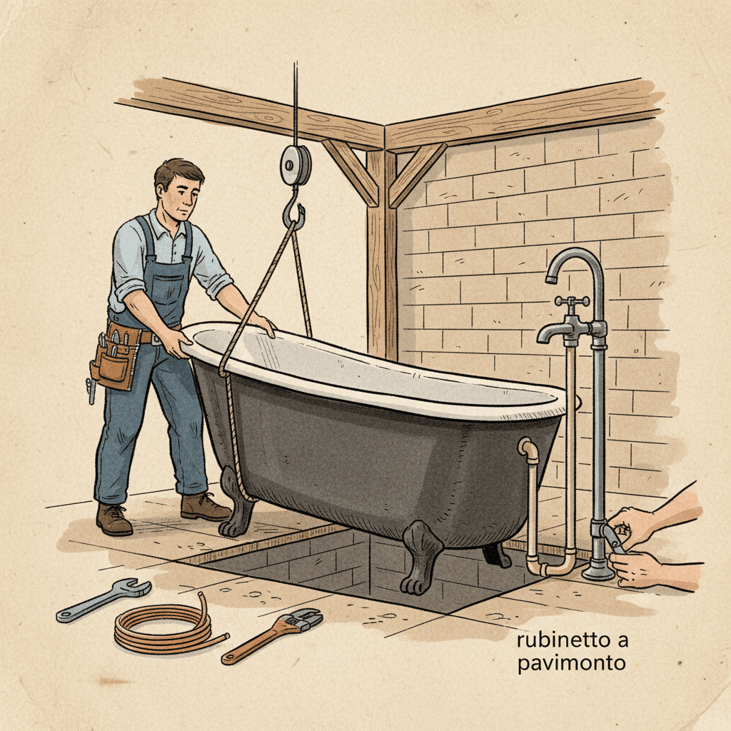 Installazione vasca in ghisa e rubinetto a pavimento