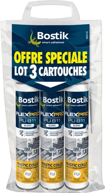 Image principale de Lot de 3 mastics colle et joint haute performance blanc 300 ml Flexpro Pu 811 - BOSTIK