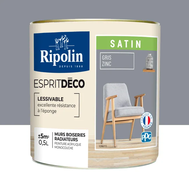 Image principale de Peinture intérieure multi-supports acrylique satin gris zinc 0,5 L Esprit déco - RIPOLIN
