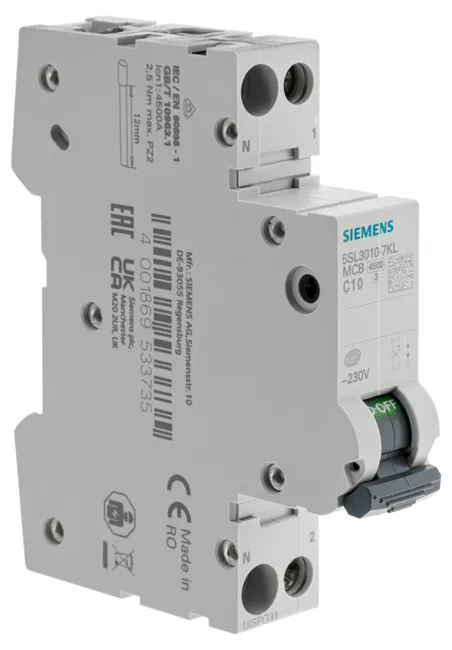Image principale de Disjoncteur Siemens, 10A, 4,5 kA, courbe C, AC/DC, norme NF EN 60898, garantie 2 ans