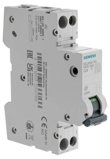 Image principale de Disjoncteur Siemens 20 A, 4,5 kA, courbe C, AC/DC, norme NF EN 60898, garantie 2 ans
