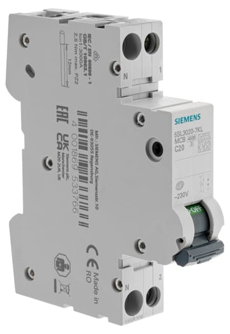 Image principale de Disjoncteur Siemens 20 A, 4,5 kA, courbe C, AC/DC, norme NF EN 60898, garantie 2 ans