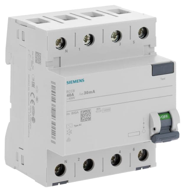 Image principale de Interrupteur différentiel Siemens, 30 mA, 40 A, 4 modules, type AC, connexion à vis, conforme EN 61008-1