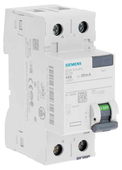 Image principale de Interrupteur différentiel Siemens, 30 mA, 40 A, type AC, 2 modules, bornes à vis, conforme norme EN 61008-1