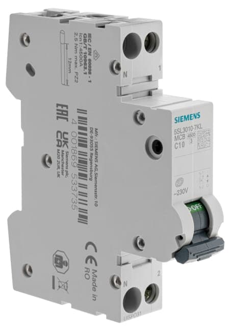 Image principale de Disjoncteur Siemens, 10A, 4,5 kA, courbe C, AC/DC, norme NF EN 60898, garantie 2 ans