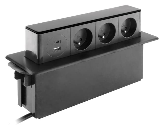 Image principale de Bloc multiprise encastrable 3x16A 2P+T + 2 ports USB - Noir - Otio