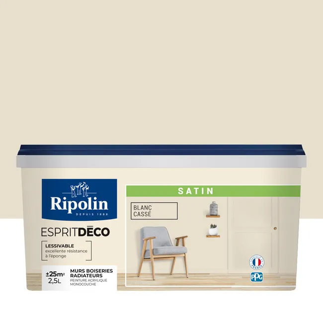 Image principale de Peinture intérieure multi-supports acrylique satin blanc cassé 2,5 L Esprit déco - RIPOLIN