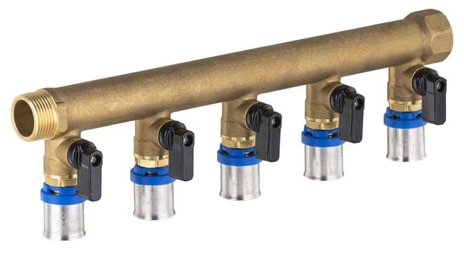 Collecteur mâle - femelle 20x27 - 5 départs multicouche à sertir Ø20 à vannes NOYON & THIEBAULT