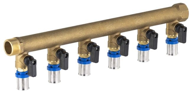 Collecteur mâle - femelle 20x27 - 6 départs multicouche à sertir Ø16 à vannes NOYON & THIEBAULT