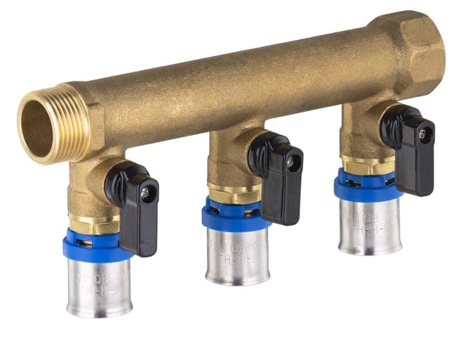 Collecteur mâle - femelle 20x27 - 3 départs multicouche à sertir Ø20 à vannes NOYON & THIEBAULT