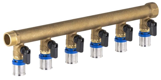 Collecteur mâle - femelle 20x27 - 6 départs multicouche à sertir Ø20 à vannes NOYON & THIEBAULT