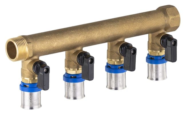 Collecteur mâle - femelle 20x27 - 4 départs multicouche à sertir Ø20 à vannes NOYON & THIEBAULT