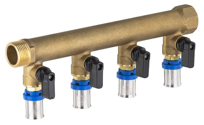 Collecteur mâle - femelle 20x27 - 4 départs multicouche à sertir Ø16 à vannes NOYON & THIEBAULT