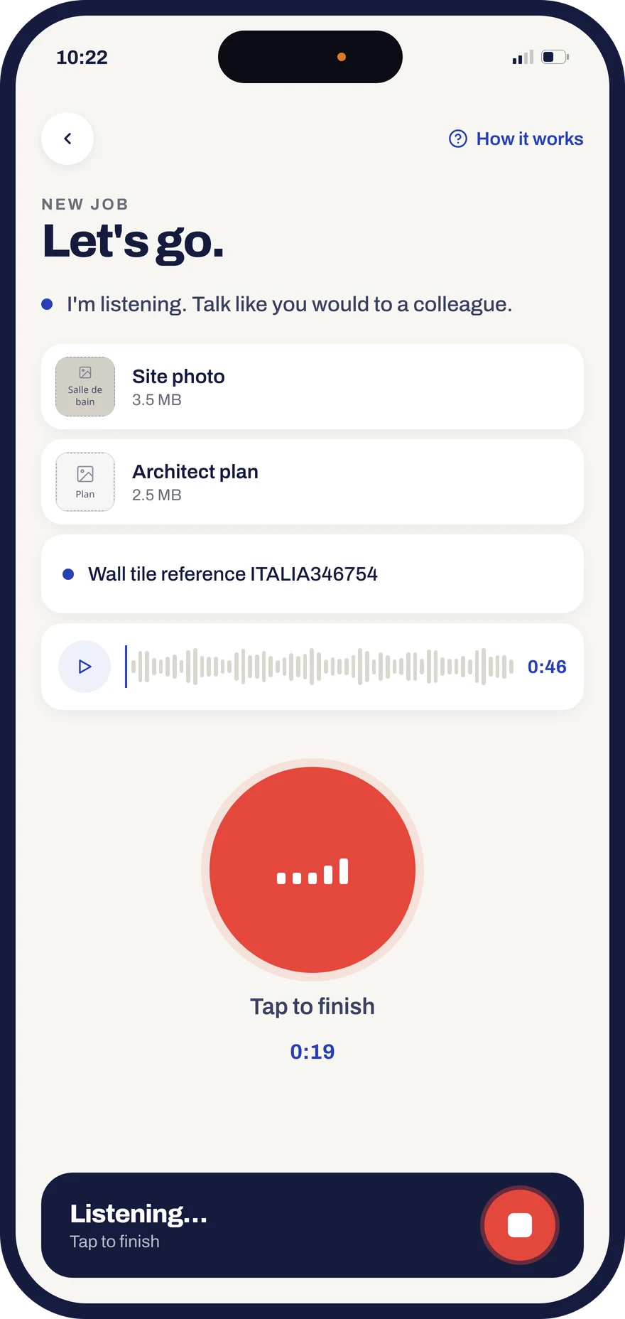 Dictating a job in the Donizo app, with a site photo and plan attached