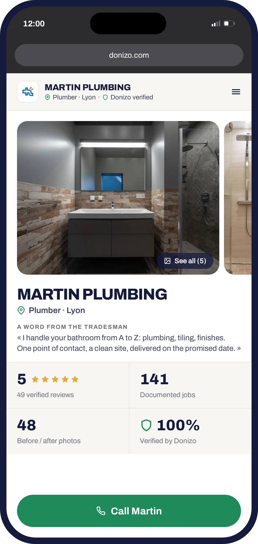 A tradesperson's public page in Donizo: job photos, verified reviews and a call button