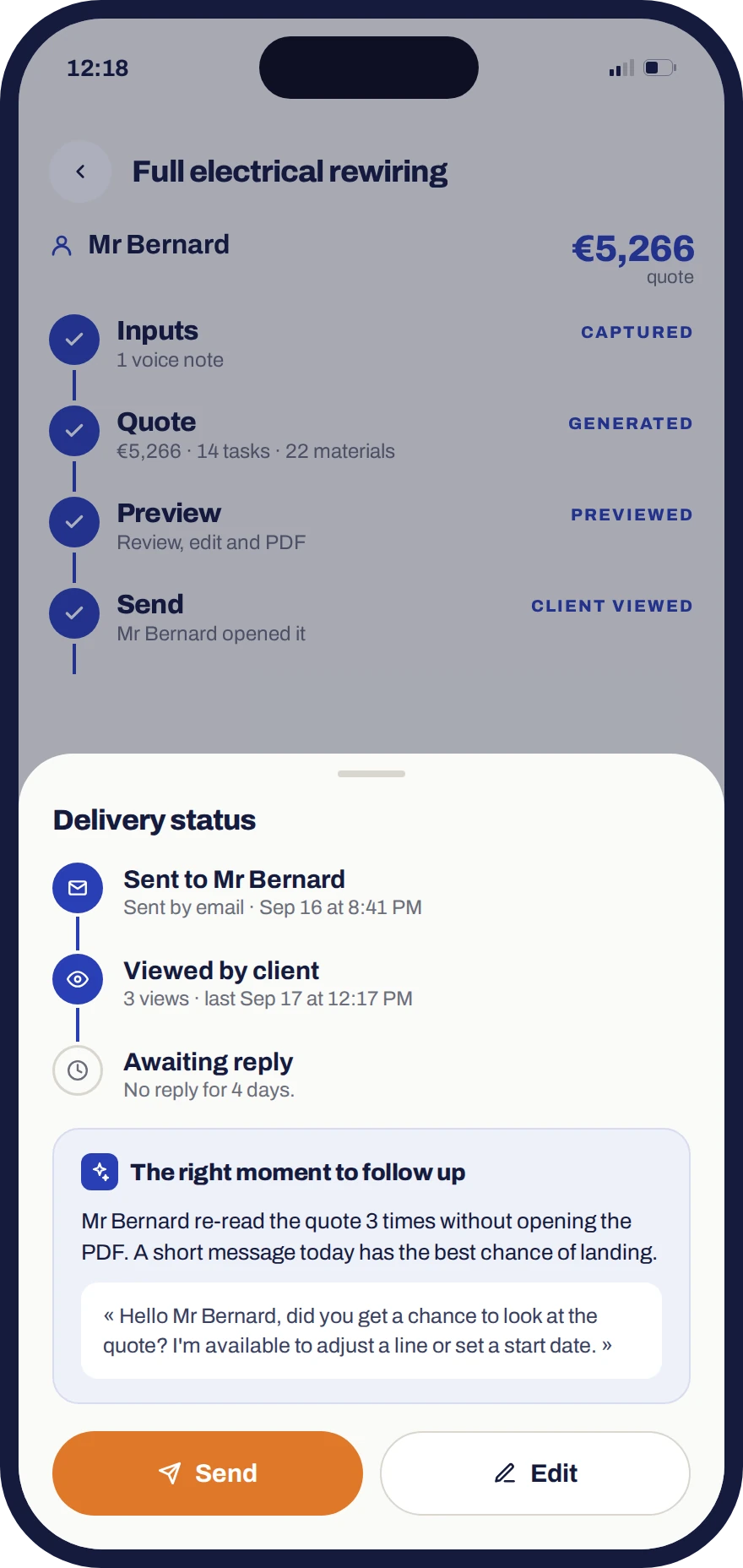 Tracking a sent quote in Donizo: viewed three times by the client, awaiting reply, follow-up suggested