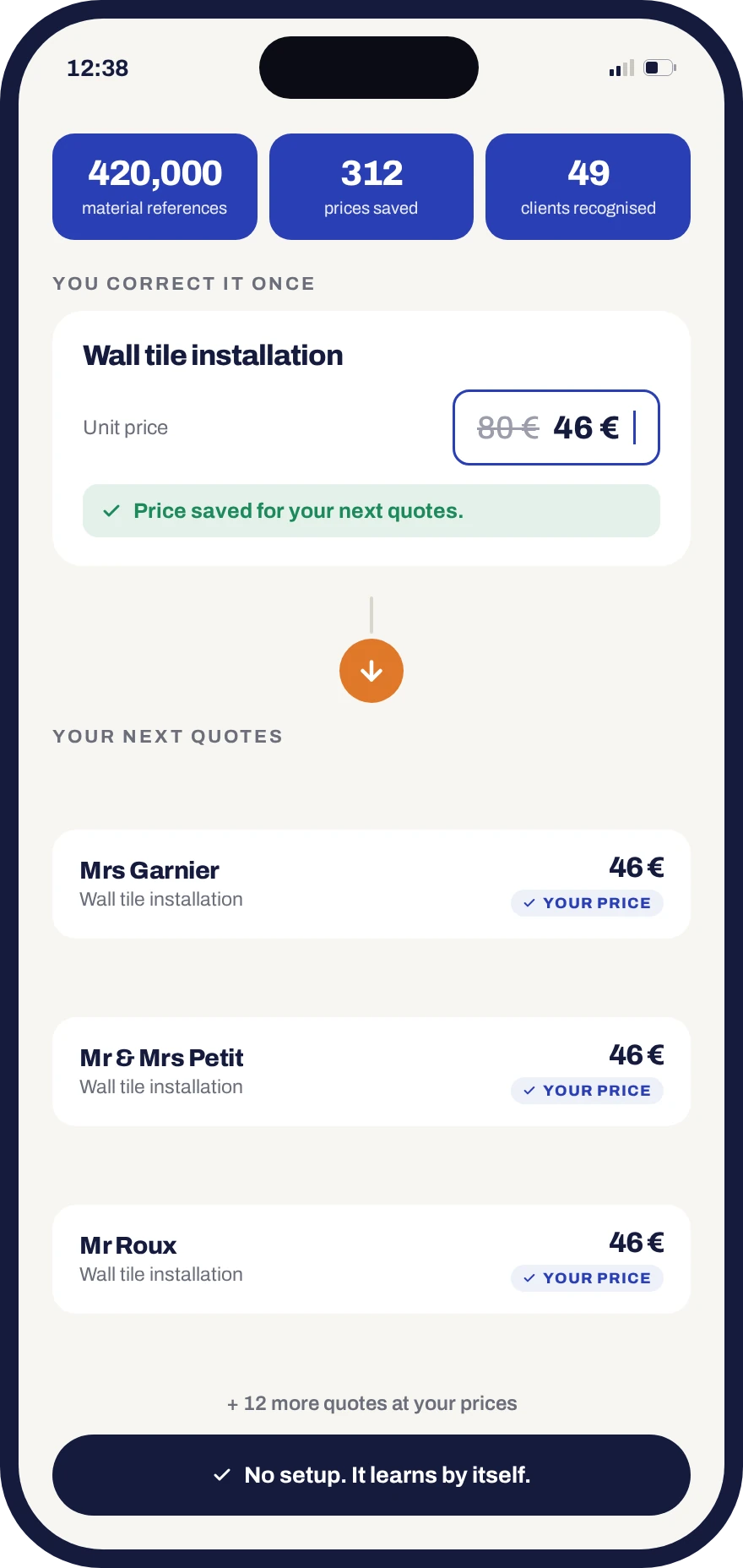 A price corrected once in Donizo, then reused automatically on the next quotes