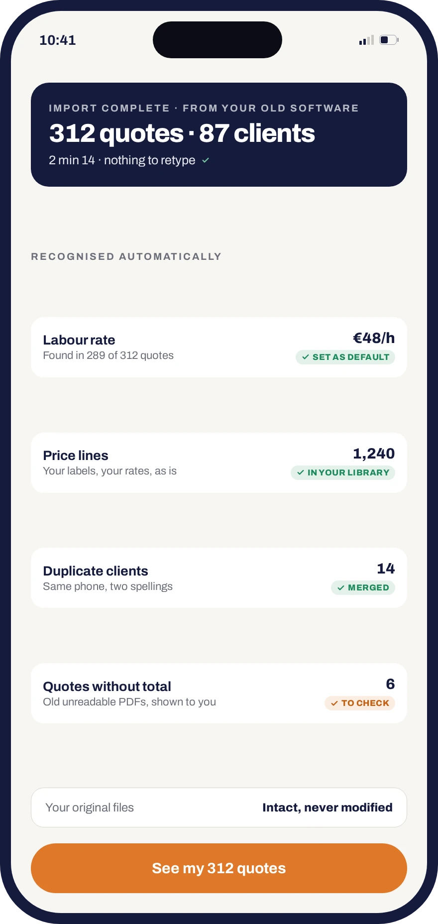 Importing old quotes into Donizo: quotes, clients, labour rate and price lines recognised automatically