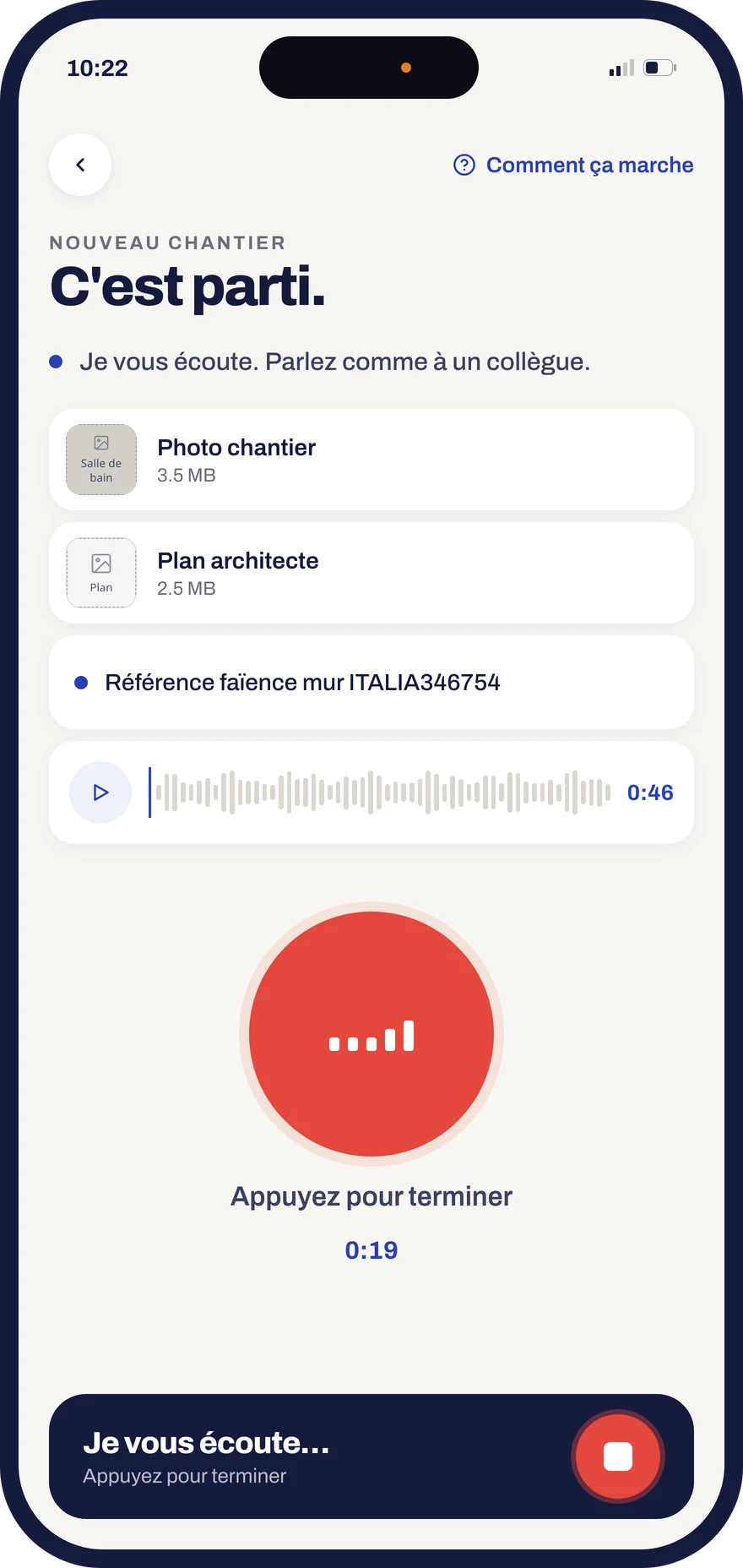 Dictée d'un chantier dans l'application Donizo, avec photo et plan joints