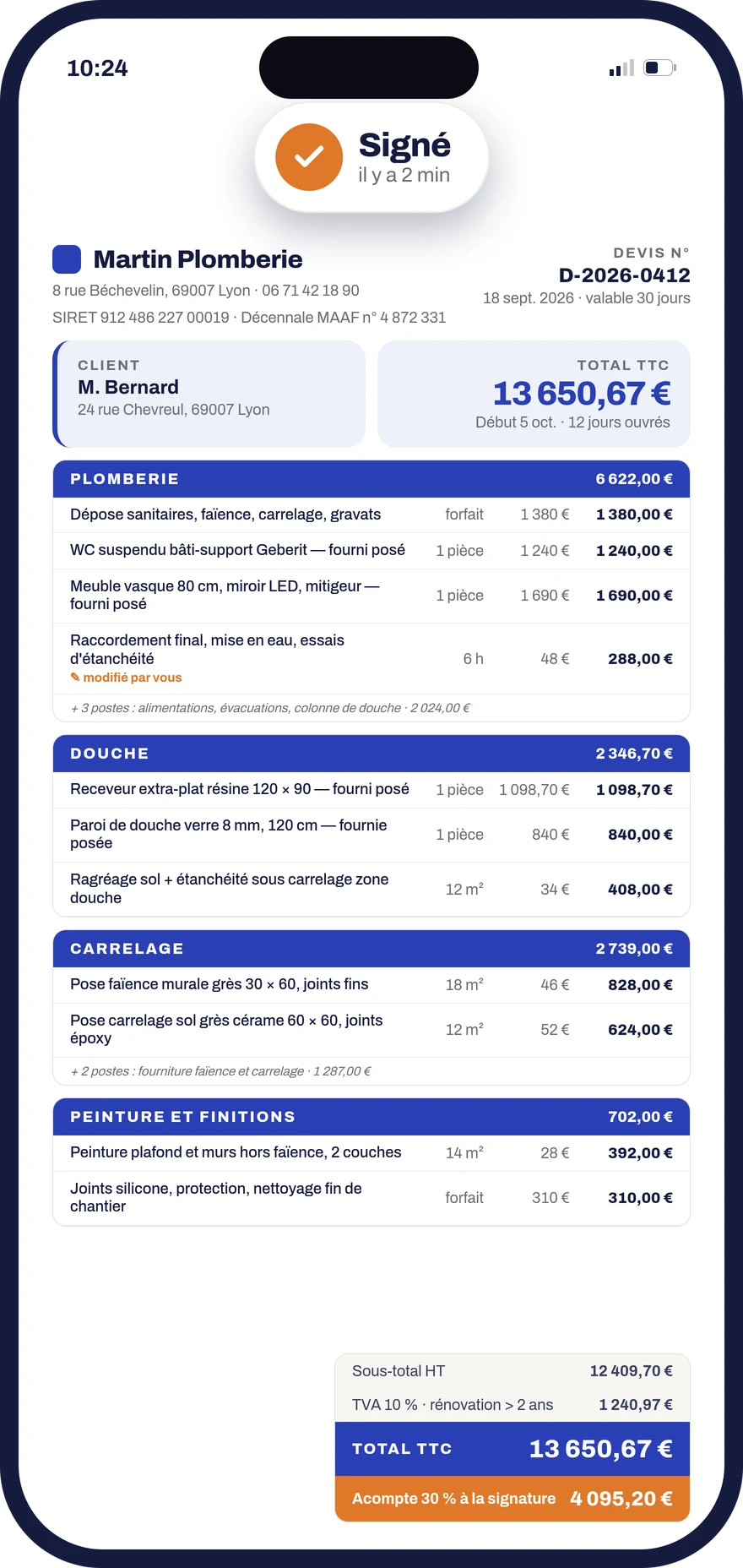 Devis Donizo sur téléphone : récapitulatif affichant « TVA 10 % · rénovation > 2 ans » sous le sous-total HT