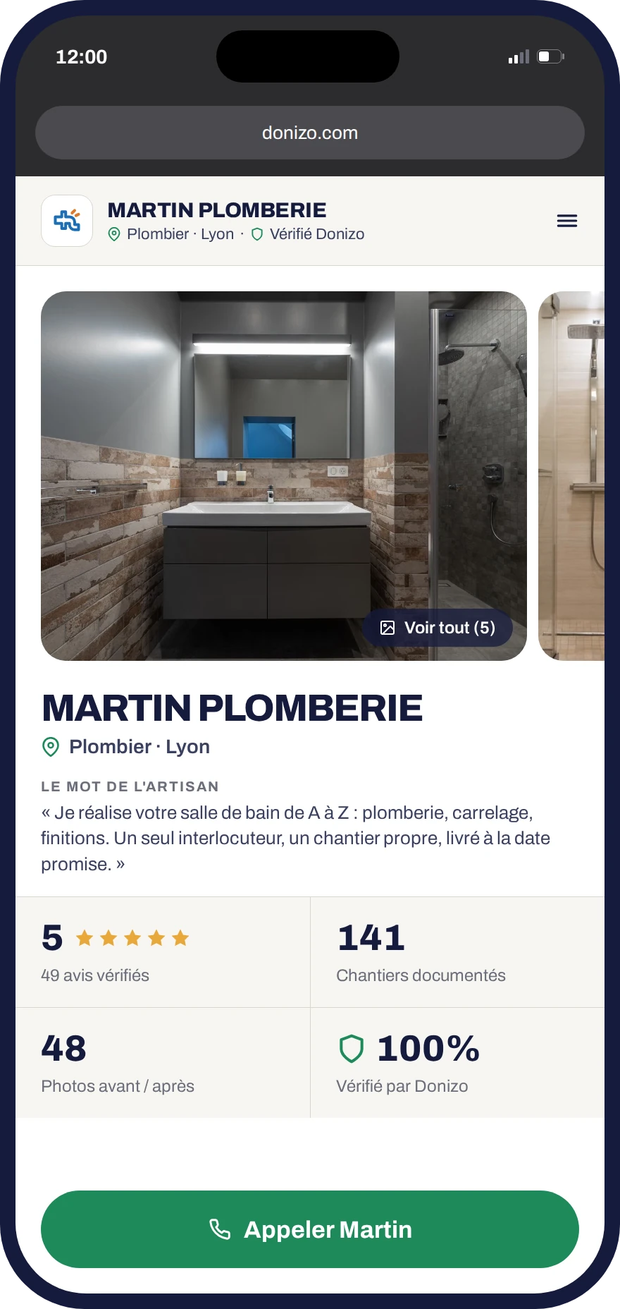 Page publique d'un artisan dans Donizo : photos de chantiers, avis vérifiés et bouton pour appeler