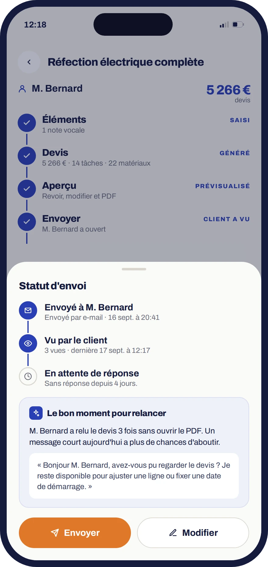 Suivi d'un devis envoyé dans Donizo : vu trois fois par le client, en attente de réponse, relance proposée