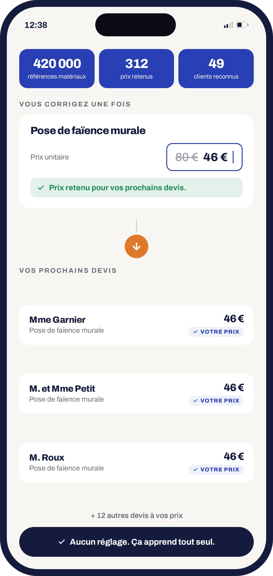 Prix corrigé une fois dans Donizo, puis repris automatiquement sur les devis suivants