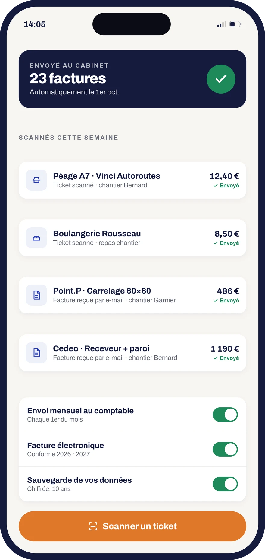 Factures et tickets envoyés automatiquement au comptable depuis Donizo, facture électronique activée
