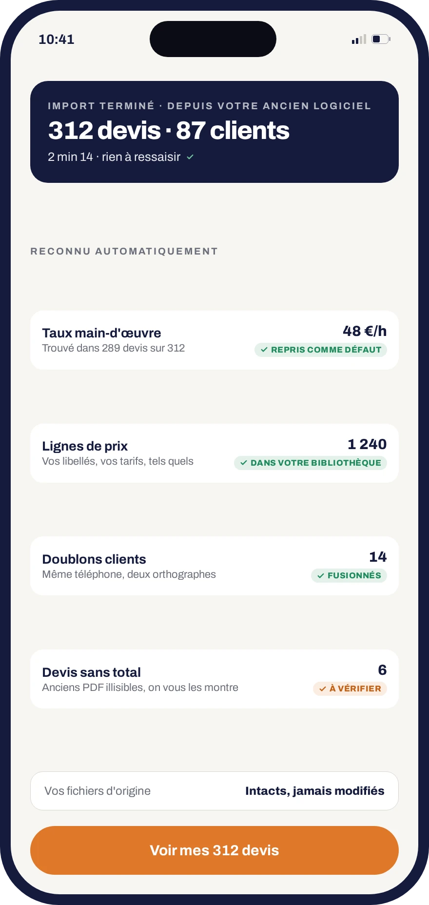 Import des anciens devis dans Donizo : devis, clients, taux horaire et lignes de prix reconnus automatiquement