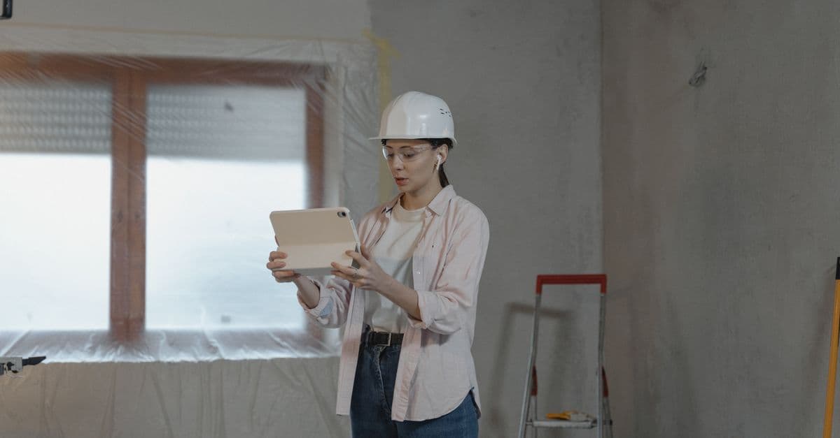 Personne en casque de chantier consultant une tablette dans un intérieur en travaux
