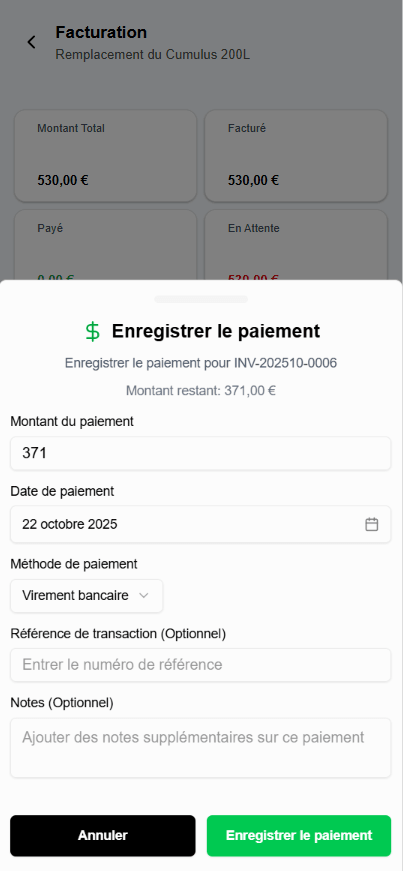 Tableau de bord de suivi des paiements Donizo