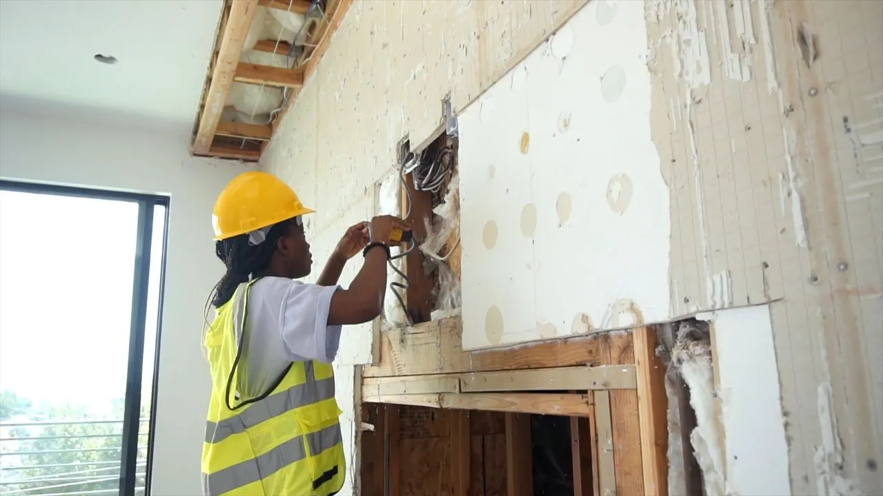 Électricienne qui raccorde des câbles dans une cloison ouverte
