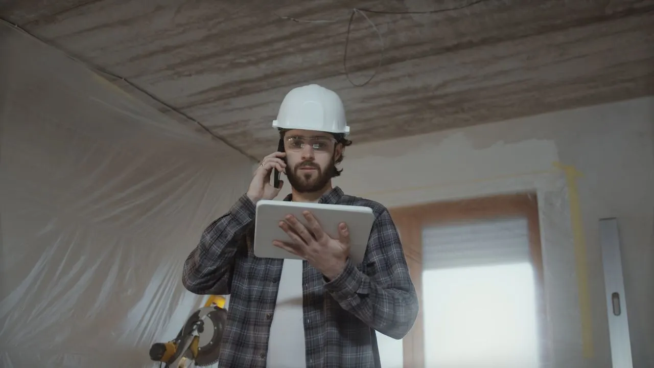 Chef de chantier en casque qui consulte une tablette dans un appartement en rénovation