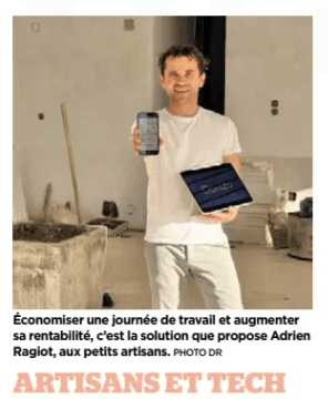 Coupure de l'article de Nice-Matin : Adrien Ragiot, fondateur de Donizo, montre l'application sur un téléphone et une tablette